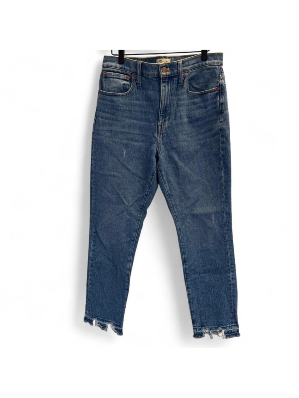 Madewell blue denim cropped high rise slim boy jeans with raw hem, Size 28 #deni